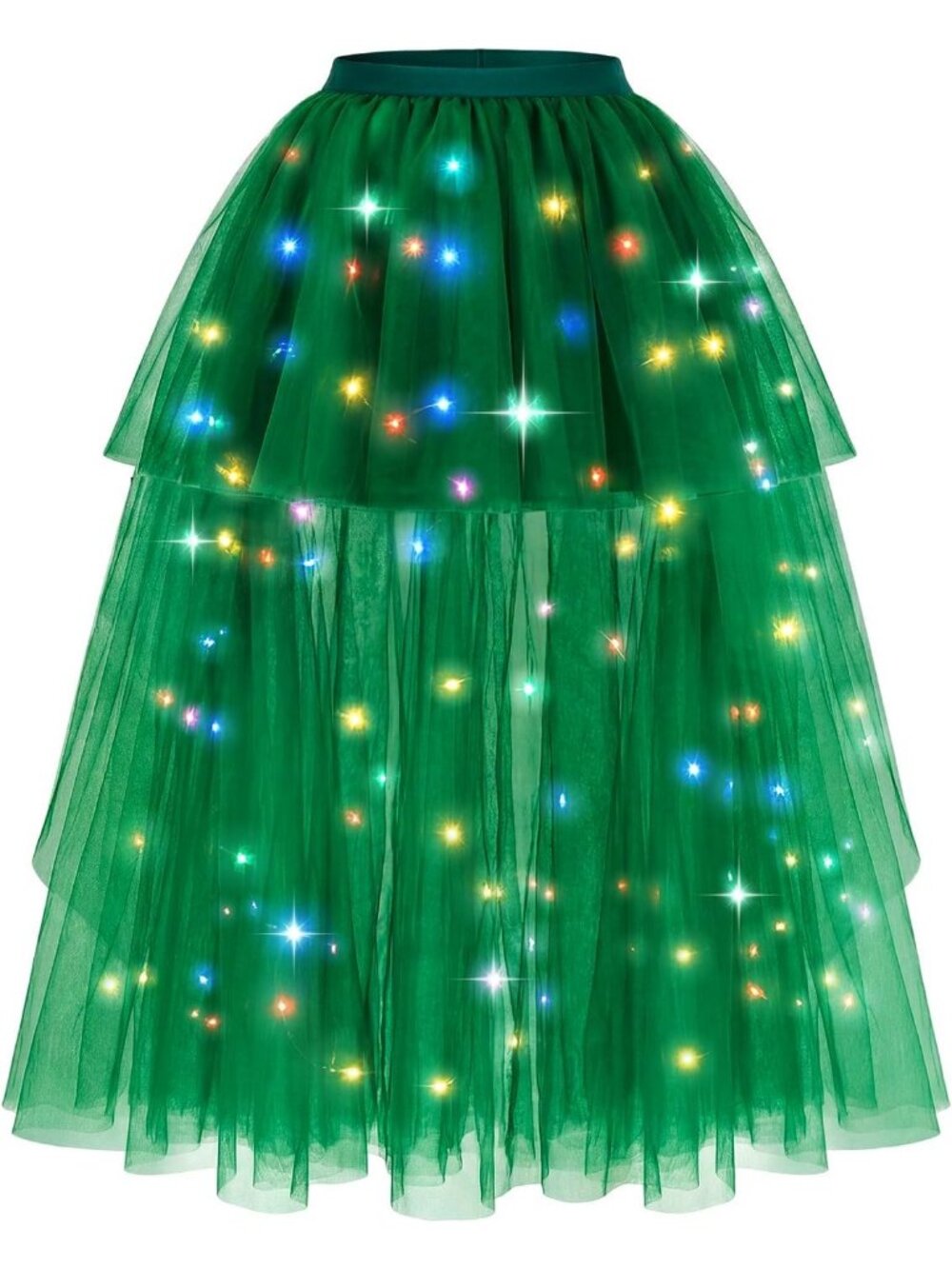 Women LED Light Up Tulle Tutu Skirt High Low Fluffy Sequin Ballet Dress-Green